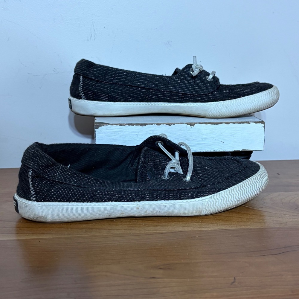 Sperry Crest Vibe Black Sparkle Boat Shoes Womens 8.5 STS87647 Metallic Sneakers